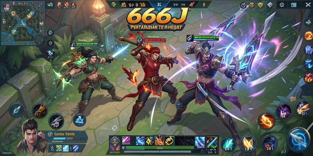Screenshot menunjukkan aksi epik dari pertarungan MOBA 666J.