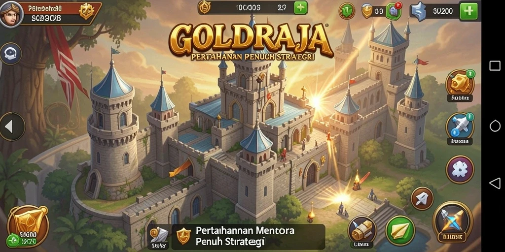 Screenshot gameplay GOLDRAJA dengan menara pertahanan strategis.