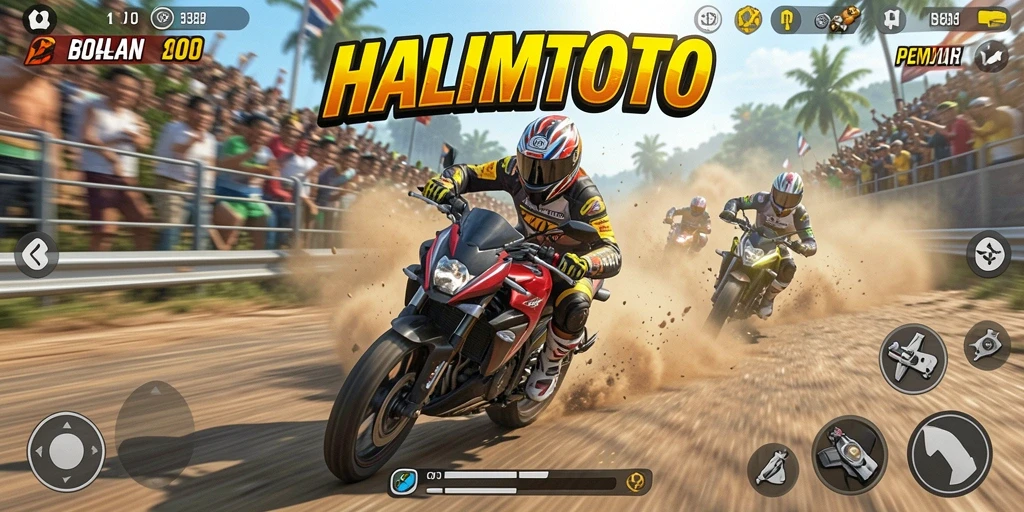 Screenshot menunjukkan aksi balapan motor yang seru dan grafis yang menakjubkan.