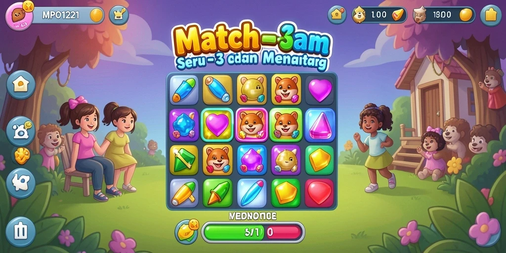Tangkapan layar MPO1221 menampilkan gameplay seru dalam mencocokkan item.
